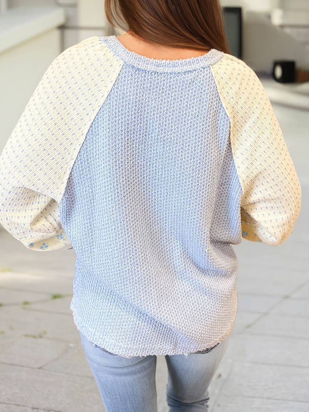 Textured Knit Color Block Floral Patchwork Long Sleeve Top