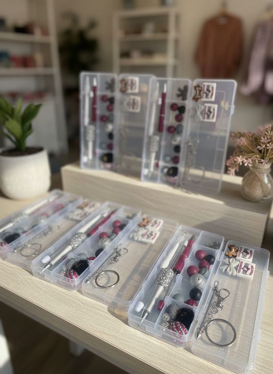 DIY Pen/Pencil Kits in clear compartmented boxes