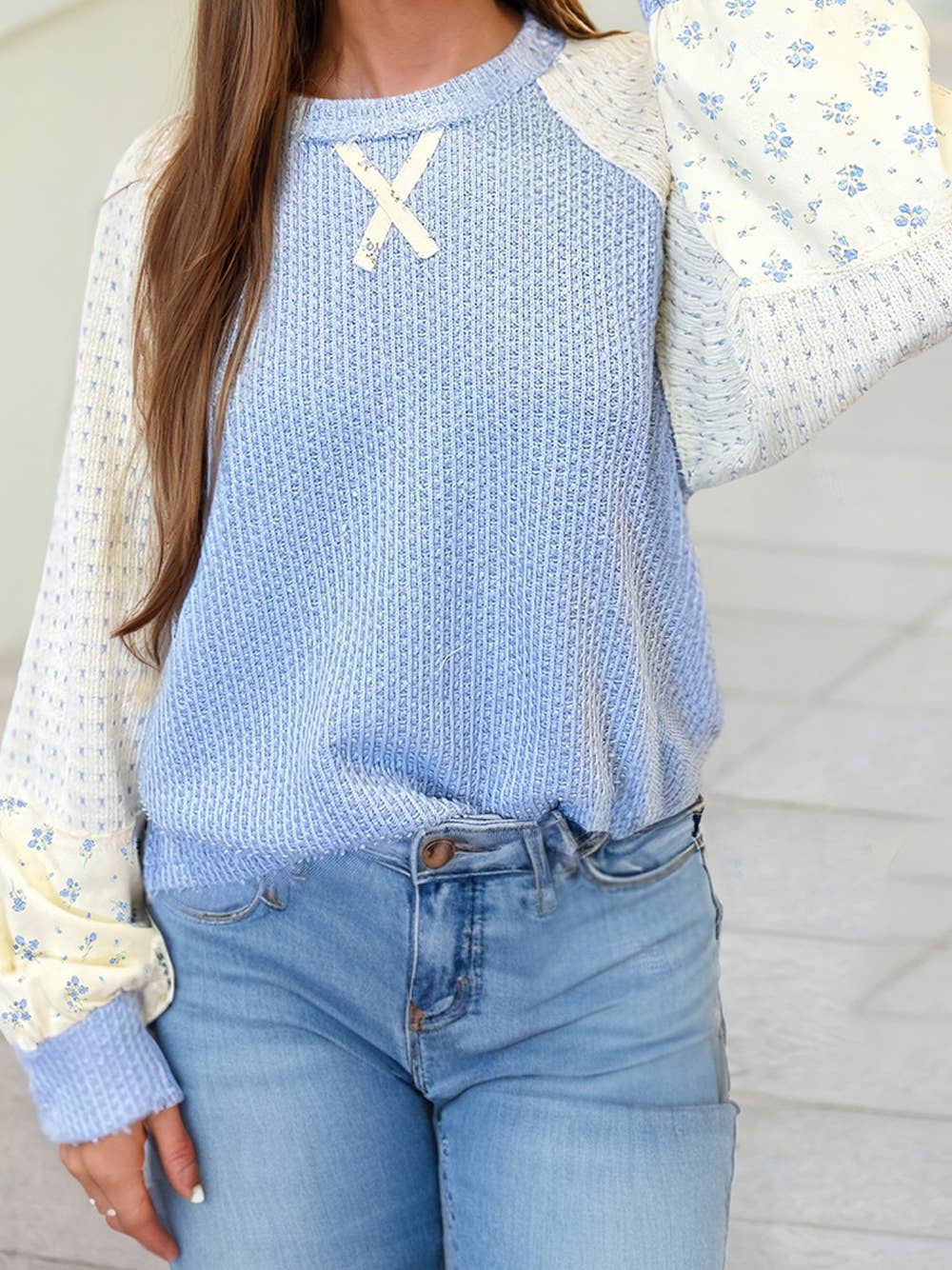 Textured Knit Color Block Floral Patchwork Long Sleeve Top