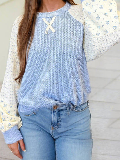 Textured Knit Color Block Floral Patchwork Long Sleeve Top