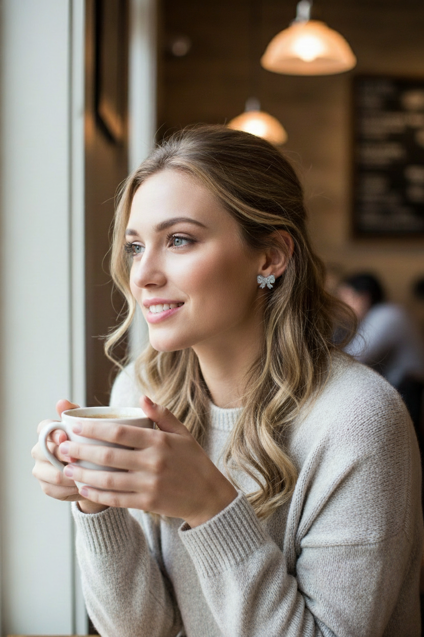 Keep this photo but make the earrings smaller about 1/4th of the size the currently are