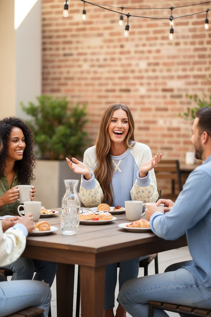 Lifestyle photo of model wearing the top at casual get-together